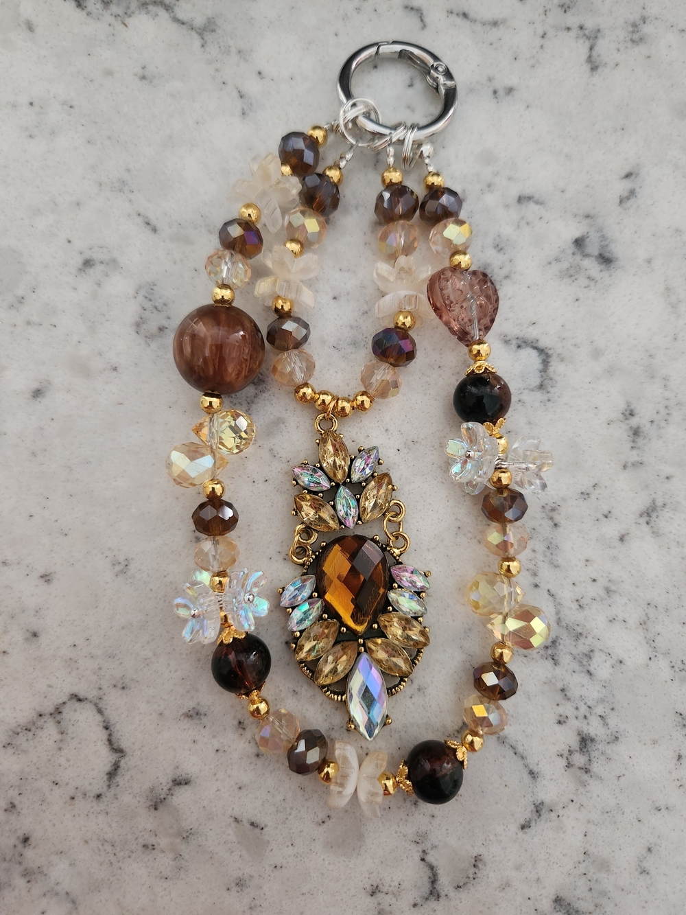 Gold-Tone Brown Crystal Pendant Keychain